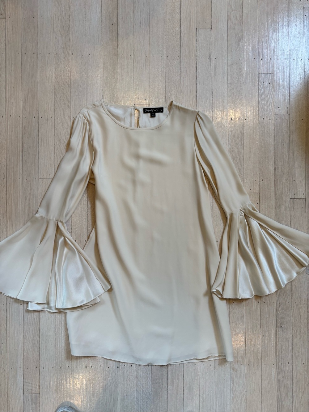 Elizabeth and James ivory satin dress with bell sleeves
